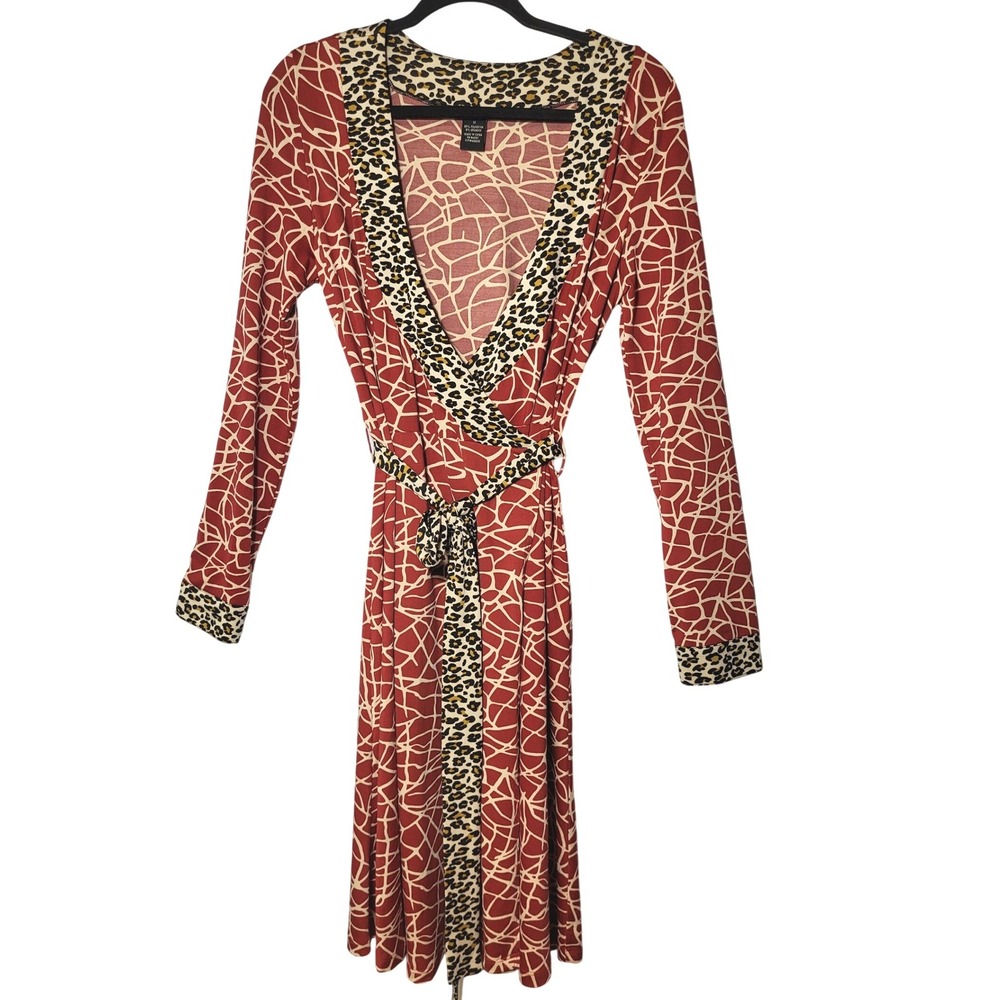 BCBGMAXAZRIA Rust Geometric Wrap Dress Leopard Trim Long Sleeve Midi Medium